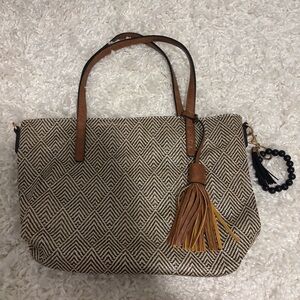 Black and Cream Straw Look Patterned Tote Bag